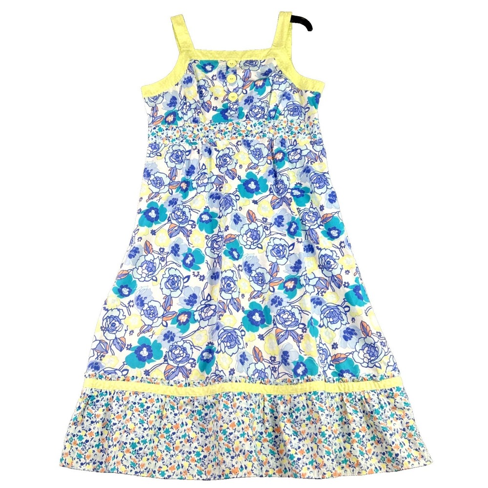 Hanna Andersson 14 Green‎ Blue Floral Dress Coquette Sundress Babydoll Ruffle